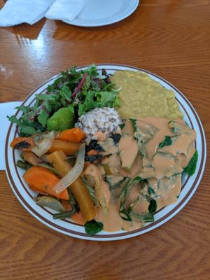Full plate of what's on the menu for the day at Shangri-La Vegan - Telegraph in Oakland