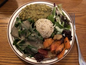 Awesome roasted root vegetables, tasty mung  beans, kale and salad.   This was accompanied by a delicious pulse soup with cumin and garlic.   at Shangri-La Vegan - Telegraph in Oakland