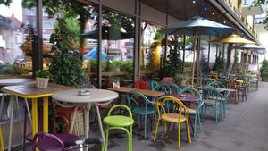 Outside seating (near busy road) at Tibits - Oerlikon in Zurich