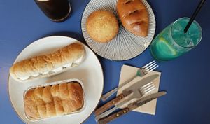 Sweet bakery items and savory bakery items at Haemil Bakery in Seoul