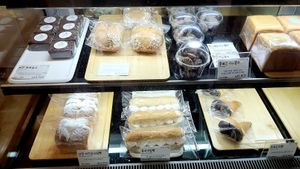 Sweet bakery items in fridge at Haemil Bakery in Seoul