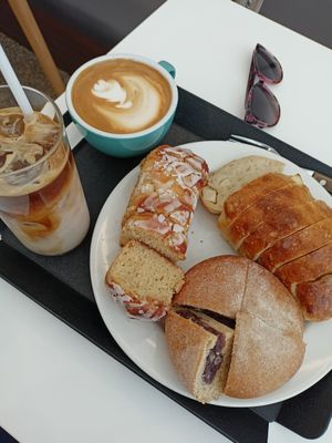 Cinnamon roll, potato focaccia and red bean bun at Haemil Bakery in Seoul
