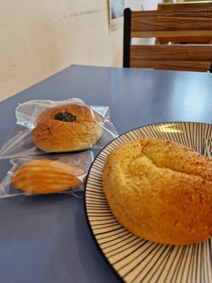 The red bean bun, madeleine and curry bun at Haemil Bakery in Seoul