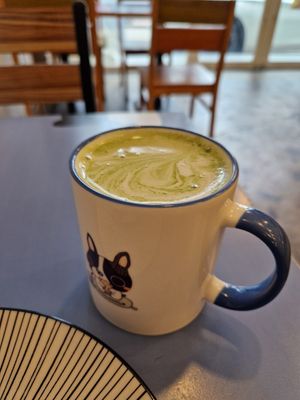 Matcha latte with soy milk at Haemil Bakery in Seoul
