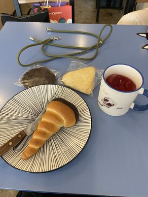 Chocolate cookie, lemon scone, chocolate cream bread, hibiscus tea    at Haemil Bakery in Seoul