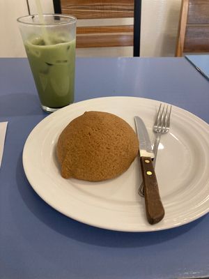 Green tea latte and mocha bread  at Haemil Bakery in Seoul