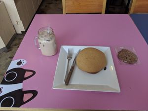 Toffee nut latte, mocha bun, and free cookie :) at Haemil Bakery in Seoul