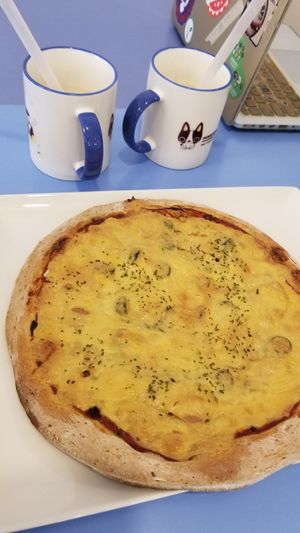 We ordered this whole pizza and the owner heated it up for us. Honestly the taste was really good, especially for the price: 13,500 for a whole vegan pizza.. at Haemil Bakery in Seoul