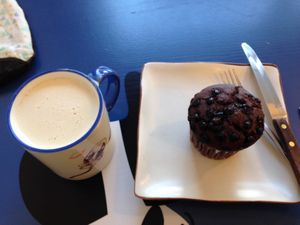Sweet potato latte + chocolate muffin (reallyy good) at Haemil Bakery in Seoul