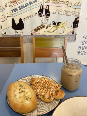 Bread variety + roasted sweet potato latte  at Haemil Bakery in Seoul