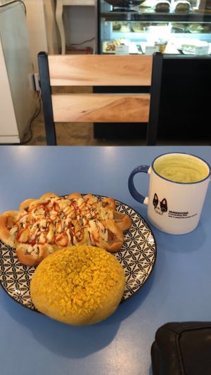 pizza bread, curry bread and matcha latte :) at Haemil Bakery in Seoul