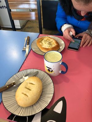 mushroom bread and onion & cheese bread at Haemil Bakery in Seoul