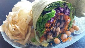 Portobello garbanzo olive vegan wrap at Aloe Vera's Eatery in Fredonia
