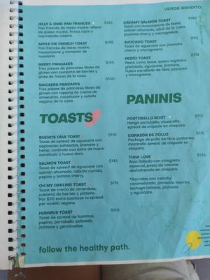 Menu at Verde Bendito in Guadalajara