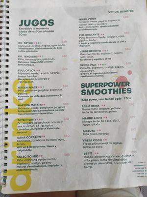 Menu at Verde Bendito in Guadalajara