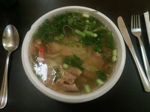 vegan pho, broth with rice noodles, soya meat, coriander, scallions, chilli and various spices  at Loving Hut in Prague
