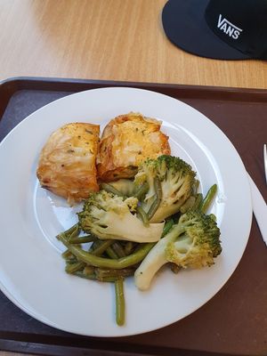 Garlic broccoli and vegan tofu omlette at Loving Hut in Prague