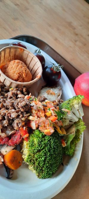Falafel, crudites, lentil stew, salad at Le Robinson in Albi
