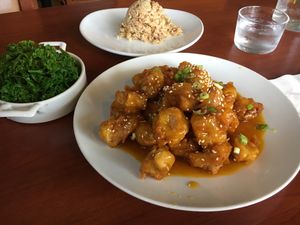 Orange "chicken" with steamed kale at Kale & Quinoa  in Studio City