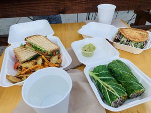 From L clockwise: pesto sandwich (decent fries), green table burger, collard greens wrap (I’d recommend) at Green Table  in Santa Barbara