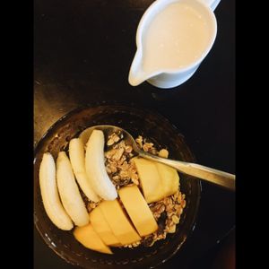 dried fruit muesli with additional banana and mango  - 90 Baht at Phuketique in Phuket