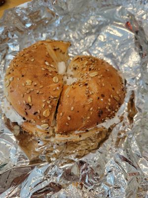 Everything bagel with tofu cream cheese at Brooklyn Whiskers - Broadway in Brooklyn
