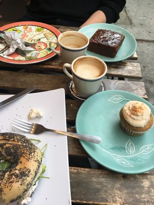 Brownie, cupcake, and bagel with avocado, tofu cream cheese and veggies  at Brooklyn Whiskers - Broadway in Brooklyn