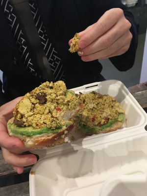 Scrammacado on an everything bagel  at Brooklyn Whiskers - Broadway in Brooklyn