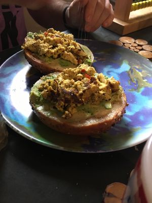 Scramacado on an everything bagel at Brooklyn Whiskers - Broadway in Brooklyn