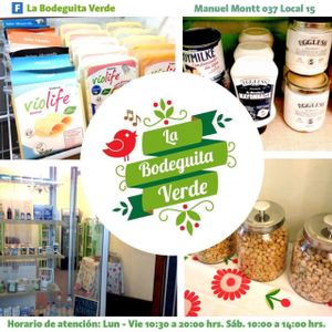Vegan store. We sell food products such as convenience foods, vegetable milk, bakery, vegan treats, sweets, chocolate, nuts, medicinal herbs, food supplements, juices, tea, aromatherapy, vegan cosmetics, among others. We also offer products for coeliacs, diabetics, lactose intolerants, and people who suffer from other food allergies. at La Bodeguita Verde in Santiago