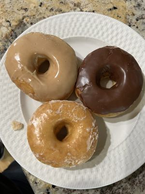 Maple, chocolate, and glazed - all vegan and delicious!   at Family Donuts & Deli in Carmichael