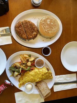 Omelette and chicken with pancakes  at TVJ Kitchen - West LA in Los Angeles