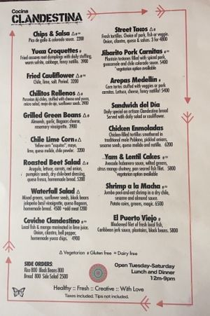Menu Feb 2017 at Cocina Clandestina in Montezuma