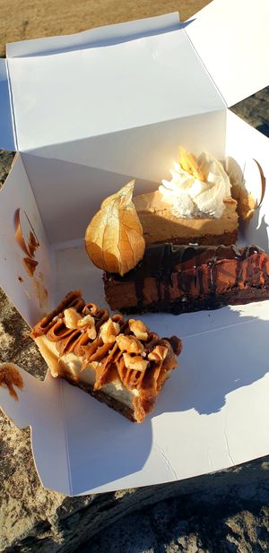 Stickers cake, chocolate brownie, banana cream cake at Ecocafeet in Ostersund