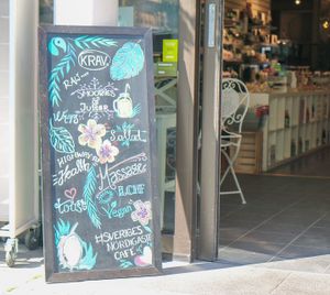 Sign outside store at Ecocafeet in Ostersund