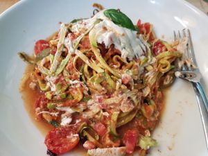 Zucchini shredded into spaghetti noodles. Tasty n fresh at KOKO Green in Nice