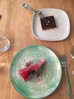 Vegan cheesecake and a chocolate/caramel kind of cake. at KOKO Green in Nice