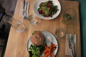 Vegan burger/sweet potato fries and zucchini noodles at KOKO Green in Nice