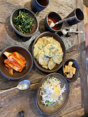 Korean Pancake and Bibimbap Sidedishes  at Dasoni in Jeju