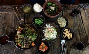 Two dishes and lots of kimchi!  at Dasoni in Jeju