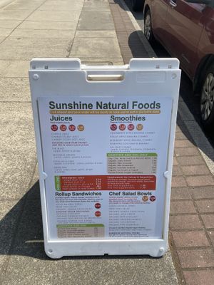 Menu board out front  at Sunshine Natural Foods in Grants Pass