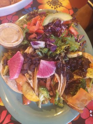 Taco plate with sauteed veggies, avocado salad with delicious dressing. at Cafe Corazon - Kinnickinnick in Milwaukee