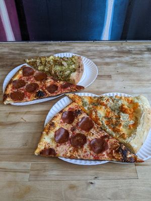 peperoni, buffalo and artichoke slices at Screamer's Pizzeria - Greenpoint in Brooklyn