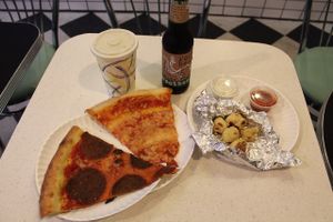 Pepperoni slice, cheese slice, and garlic knots at Screamer's Pizzeria - Greenpoint in Brooklyn