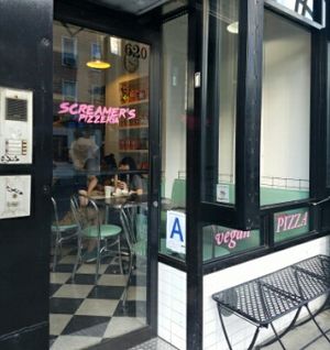 Entrance with HappyCow sticker at Screamer's Pizzeria - Greenpoint in Brooklyn