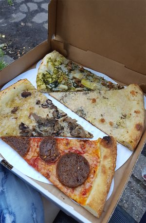 Top to bottom: sausage and pesto, almond ricotta, screamer, pepperoni at Screamer's Pizzeria - Greenpoint in Brooklyn