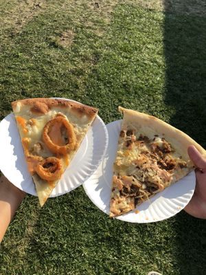 Onion ring (left) and Reuben (right) slices from Screamer’s at NYC Vegandale Festival  at Screamer's Pizzeria - Greenpoint in Brooklyn