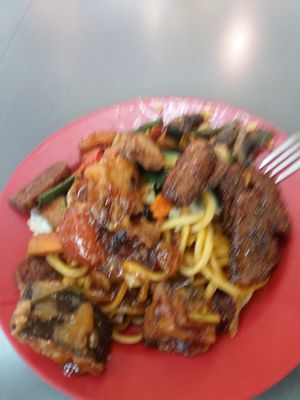 Bed of noodles with crispy soy slices, tempeh, mushrooms, chilli&basil, stewed eggplants and tofu. at Blossoming Lotus in Haymarket