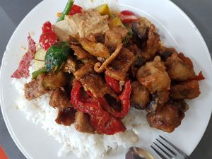 Lemongrass vege rib + eggplant tempura + red curry at Blossoming Lotus in Haymarket