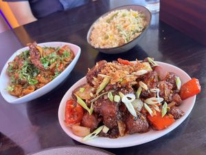 Chilli Gobi (amazing), Mushroon Kadai (so creamy) and Pulav Rice  at Namaste Village Norwich in Norwich